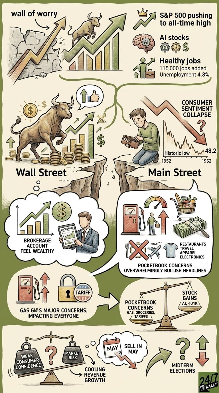 A split infographic comparing a booming stock market represented by a bull and gold coins with a struggling consumer base represented by a man looking into an empty wallet and charts showing a sentiment collapse.