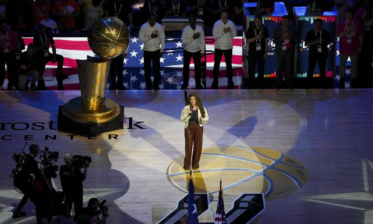 Jun 3, 2026; San Antonio, Texas, USA; A view of the national anthem during the first quarter between the San Antonio Spurs and the New York Knicks during game one of the 2026 NBA Finals at Frost Bank Center
