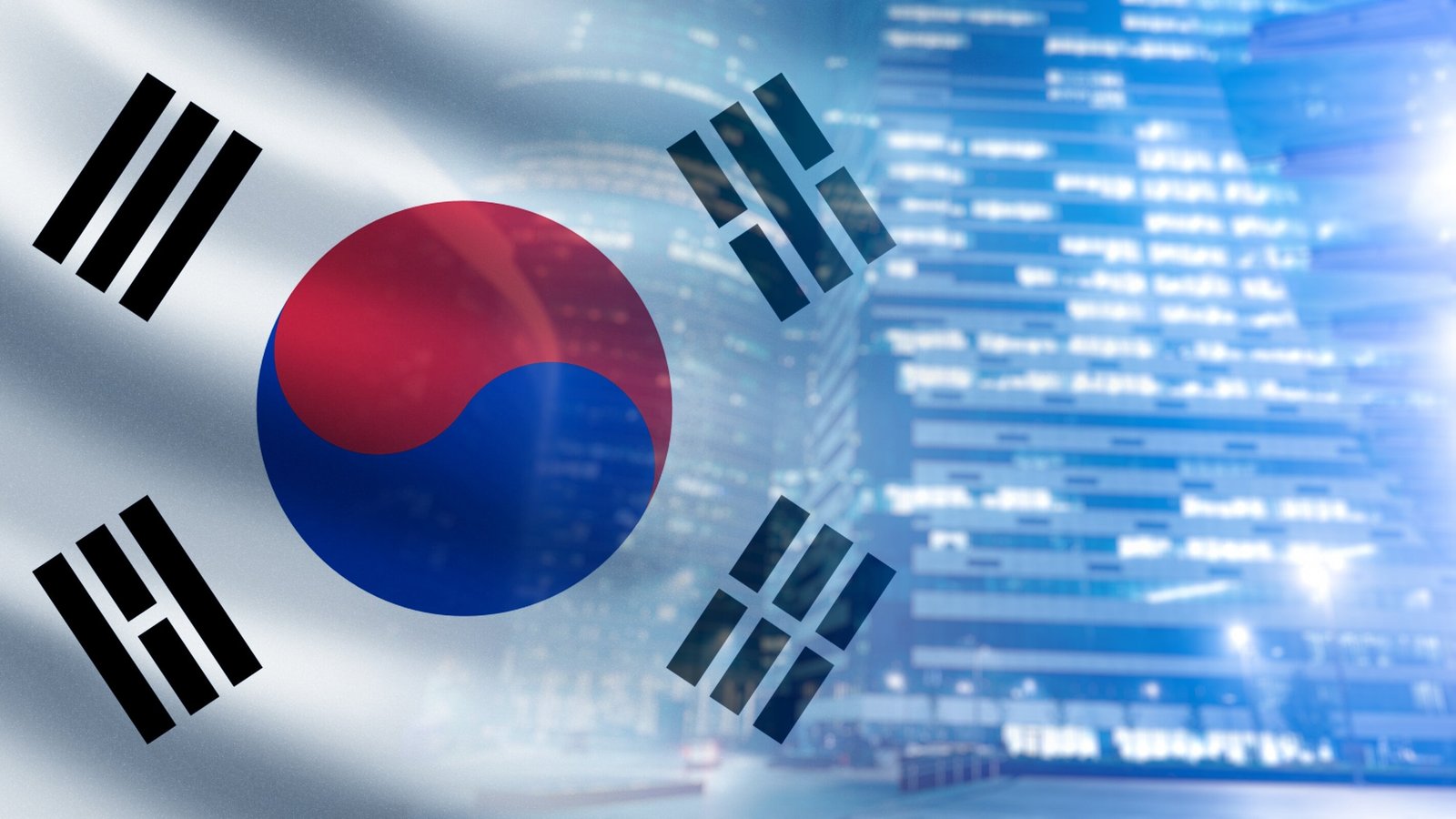 South Korea flag. Business building. Skyscraper with South Korea flag. Downtown Seoul. Corporate building from South Korea. Business quarter. High-rise building with luminous windows. Art focus