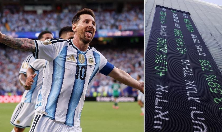 Leo Messi at the World Cup and the Tel Aviv Stock Exchange building (Charlotte Wilson/Getty Images,Bloomberg) ליאו מסי במונדיאל לצד בניין הבורסה בתל אביב