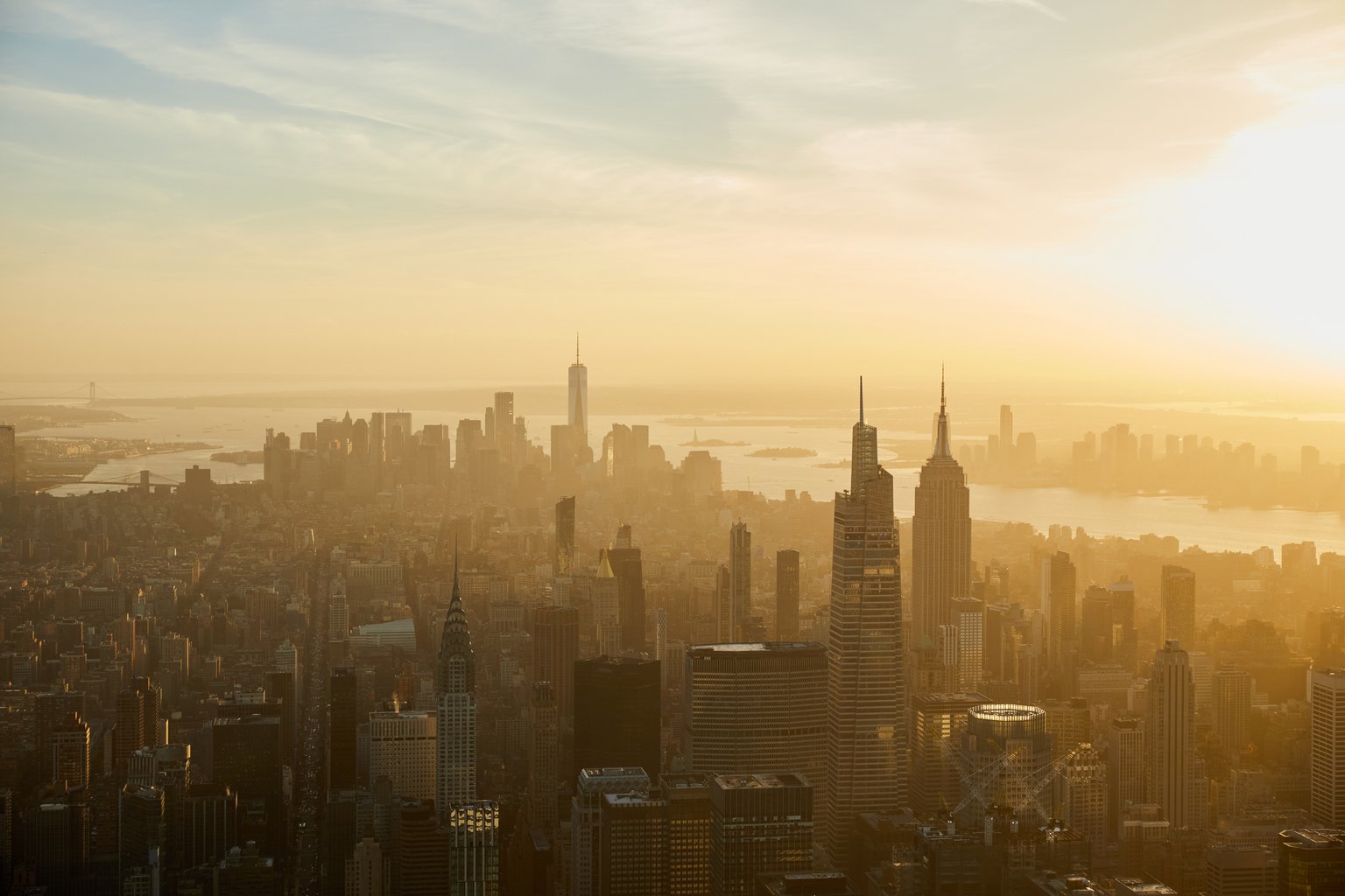 Aerial photo at sunset looking south-west at skyscrapers in Midtown and Downtown Manhattan
