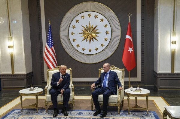 President Donald Trump, left, meets with Turkish President Recep Tayyip Erdogan as he arrives for the NATO summit in Ankara, Turkey, Tuesday, July 7, 2026. (Osmancan Gürdoğan, Pool Photo via AP)