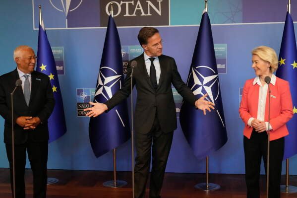 NATO Secretary General Mark Rutte, center, participates in a media statement with European Council President Antonio Costa, left, and European Commission President Ursula von der Leyen during the NATO summit in Ankara, Turkey, Tuesday, July 7, 2026. (AP Photo/Hussein Malla)