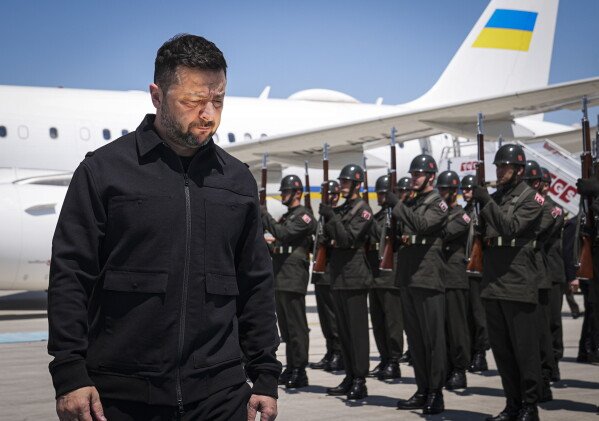 Ukraine's President Volodymyr Zelenskyy, left, arrives for the NATO Summit in Ankara, Turkey, Tuesday, July 7, 2026. (Metin Aktaş, Pool Photo via AP)