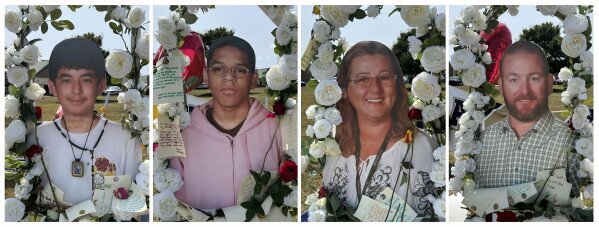 This combination of images show shooting victims, from left, Christian Angulo, Mason Schermerhorn, Cristina Irimie and Richard Aspinwall, displayed at a memorial outside Apalachee High School, Sept. 10, 2024, in Winder, Ga. (AP Photo/Charlotte Kramon, File)
