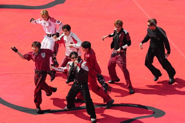 BTS performs at halftime of the World Cup final soccer match between Spain and Argentina in East Rutherford, N.J., near New York, July 19, 2026. (AP Photo/Matt Rourke, File)