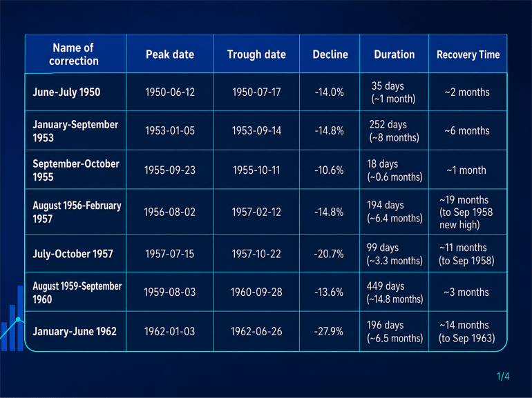A table outlining the historical stock market corrections from 1950 to 1962.