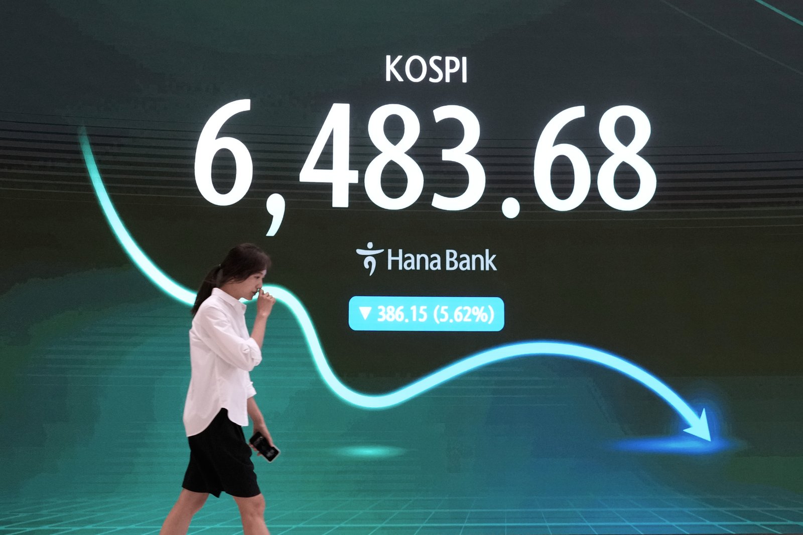 A currency trader passes by a screen showing the Korea Composite Stock Price Index (KOSPI) at the foreign exchange dealing room of the Hana Bank headquarters in Seoul, South Korea, Wednesday, August 19, 2026