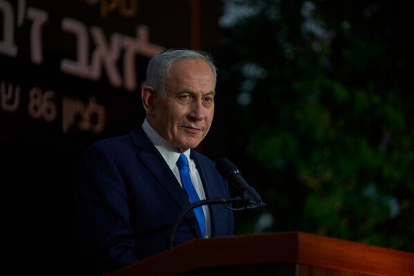 Israeli Prime Minister Benjamin Netanyahu speaks at the state memorial for Ze'ev Jabotinsky, at Mount Herzl Military Cemetery in Jerusalem, July 14, 2026. (AP Photo/Ohad Zwigenberg, File)