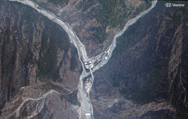 The Nepal-China Rasuwagadhi border crossing is shown in a Vantor satellite image from April 19, 2024. (Satellite image ©2026 Vantor via AP)