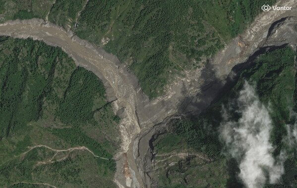 The same border crossing is shown on Aug. 27, 2026, after catastrophic flooding. (Satellite image ©2026 Vantor via AP)