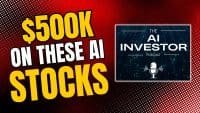 A graphic featuring large, bold yellow and white text that reads '$500K ON THESE AI STOCKS'. The text is positioned on a red background with a subtle halftone dot pattern. To the right, a dark blue rectangular panel displays 'THE AI INVESTOR PODCAST' logo, including a white microphone icon and subtle binary code patterns.