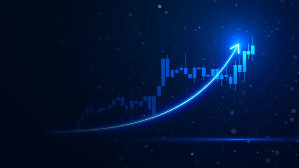A rising stock chart outlined by an arrow pointing up.