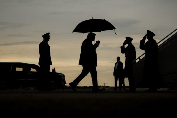 President Donald Trump walks to board Air Force One, Friday, Sept. 4, 2026, at Joint Base Andrews, Md. (AP Photo/Julia Demaree Nikhinson)