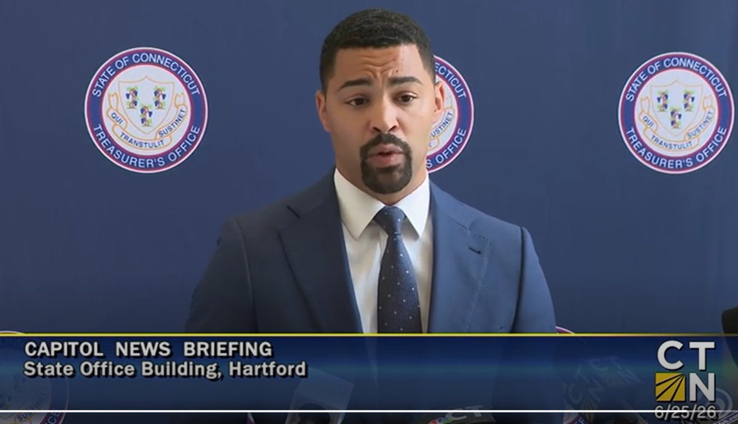 Connecticut Treasurer Erick Russell answers questions about the new Safe Harbor Fund Thursday at the Capitol in Hartford. (CT-n)