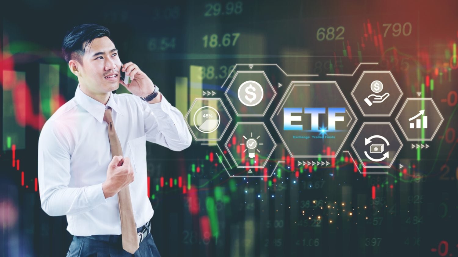 A man in a white collared shirt and brown tie is shown from the chest up, holding a smartphone to his right ear and looking slightly upwards to the right with a thoughtful expression. He has dark hair. The background is a blurred, dark digital display featuring glowing green and red stock market bar charts and scattered financial numbers. Overlaid on the right side of the image are several glowing, interconnected hexagonal icons. The central hexagon prominently displays 'ETF' with 'Exchange Traded Funds' below it. Other hexagons contain symbols like a dollar sign, a hand holding money, an upward-trending bar chart, a circular arrow with a dollar bill, a lightbulb with a checkmark, and a 45% dial.