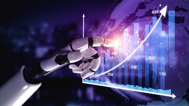 A futuristic robot hand interacts with a glowing stock market growth graph, symbolizing the integration of technology and finance in modern analytics and investment strategies. Tessel