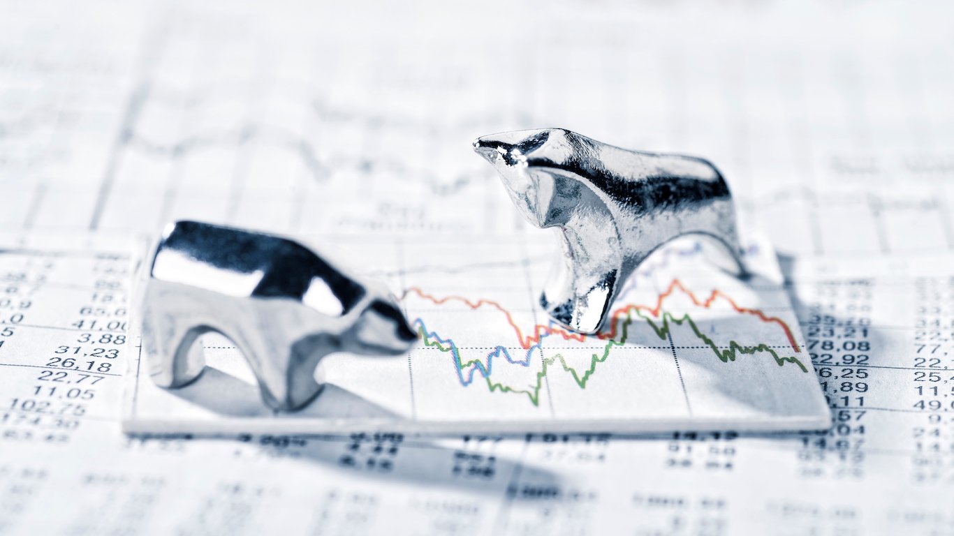 Two shiny, metallic figurines, a bull on the left and a bear on the right, are placed on a financial paper displaying a stock chart. The chart shows red, green, and blue fluctuating lines over a grid, alongside columns of numbers. The background is a blurred financial document with more text and numbers, giving a sense of depth.