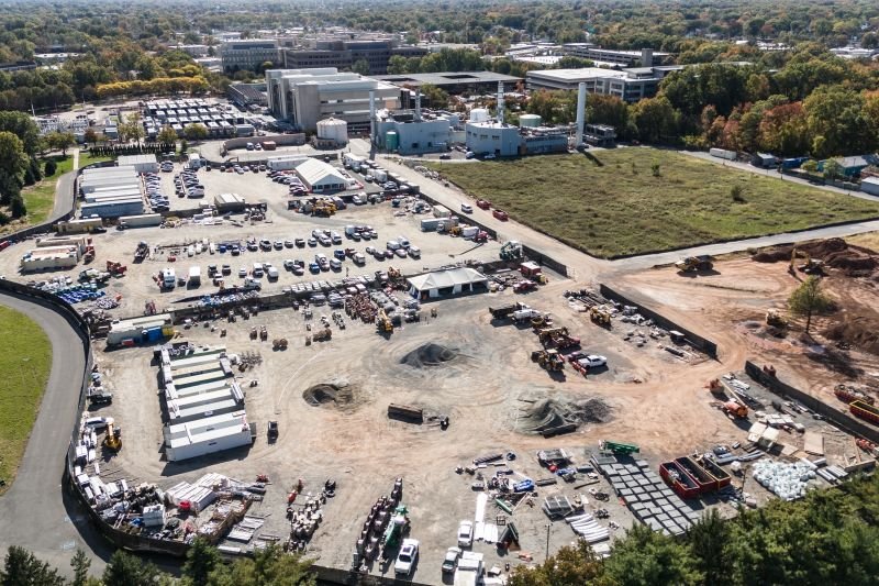An aerial view of the CoreWeave AI data center that is under construction in Kenilworth, New Jersey, on October 2, 2026. The $1.8 billion center is expected to be fully operational by early 2027.