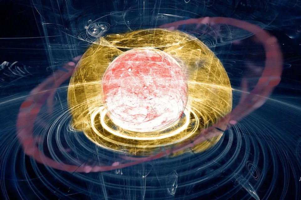 A depiction of a nuclear atom in fission.