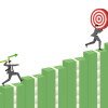 Successful businessman throwing green line graph arrow to hit target on rising banknotes bar graph for financial growth profit and cash flow investment achievement concept