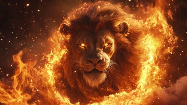 Majestic lion symbolizing power and belief surrounded by flames heralding a triumphant and glorious return