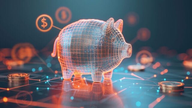 Abstract digital piggy bank symbolizing savings and finance, surrounded by currency symbols and coins, representing secure investment.